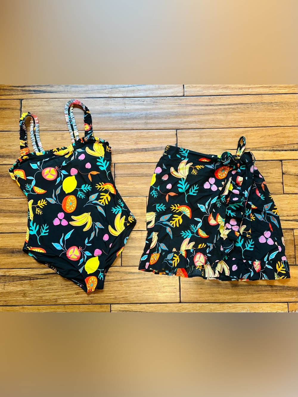 J. Crew Factory Black Tropical Fruit One-Piece with Matching Ruffle Tie Skirt